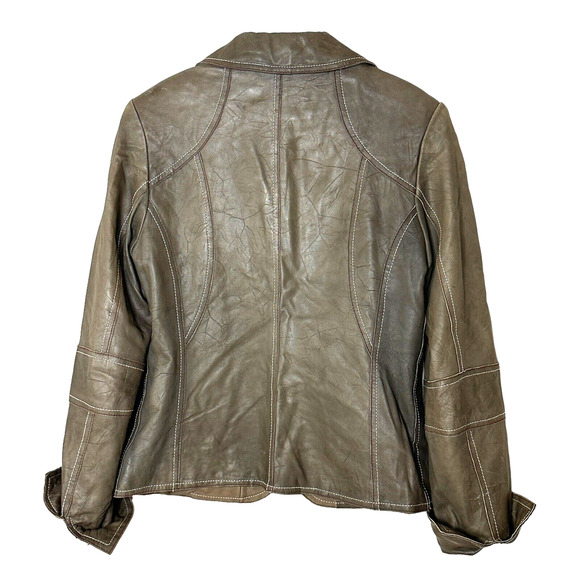 Tribal Leather Full Zip Collared Jacket Brown Women 8 Zip Pockets Leather Cuffed - Picture 3 of 11